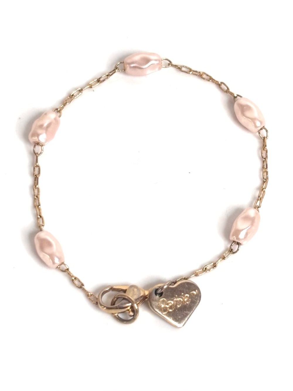 Vintage Barbie Mattel Gold Tone Dainty Bracelet Pink Faux Pearls 6.5” Child Size